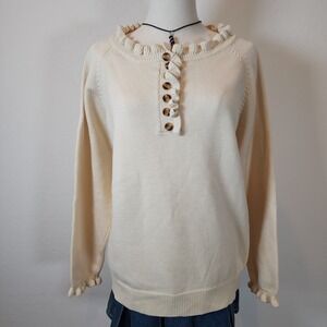 Ruffle Trim Button‎ Up Sweater Cream Knit Pullover Womens XL Extra Large